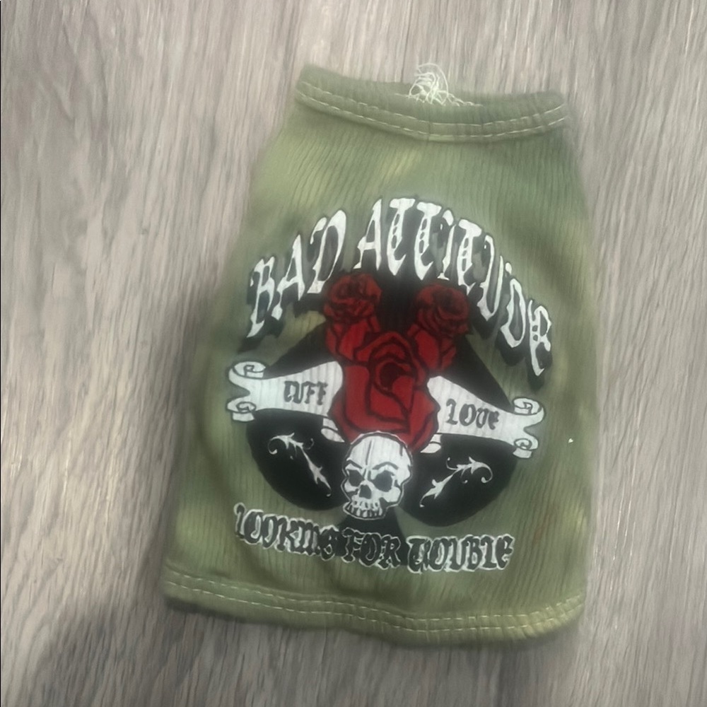 Green Dog Shirt with Skull and Roses Design